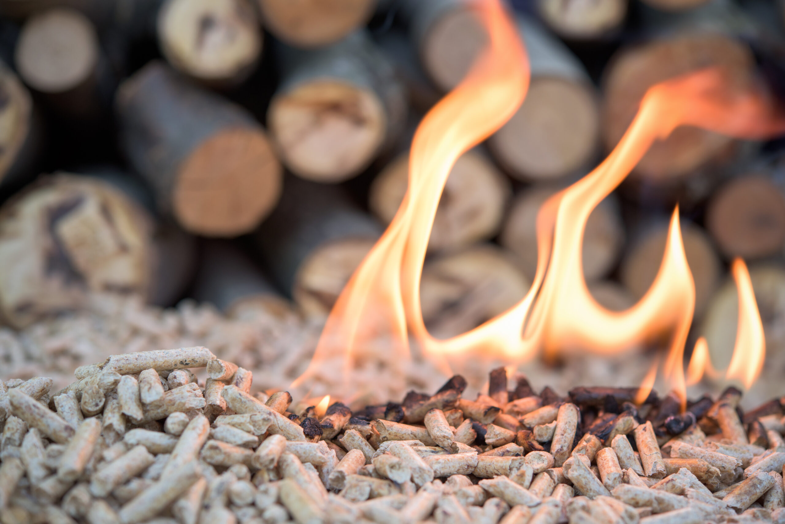 Renewable energy - wooden pellets in fire