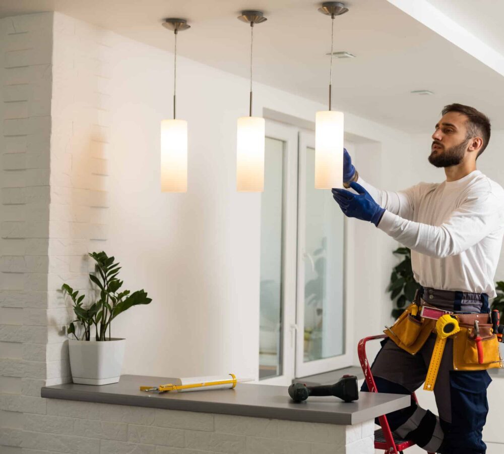 An electrician installs ceiling lamp lighting and spotlights.