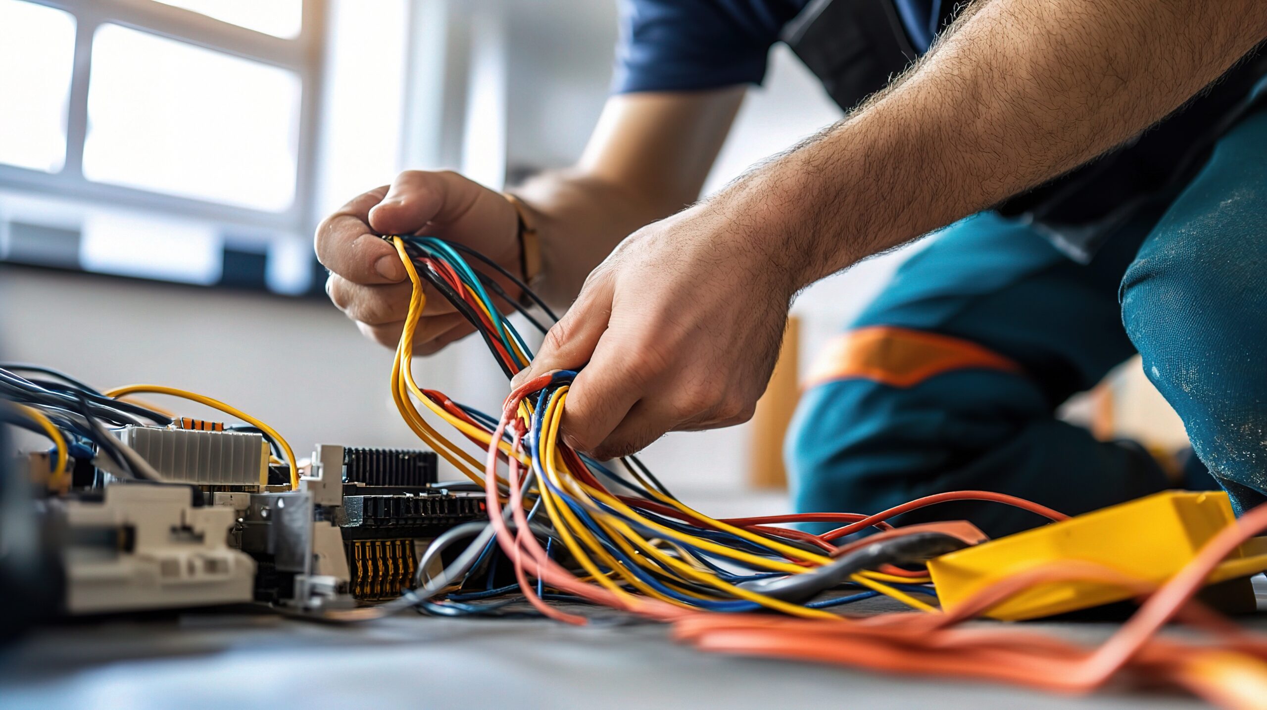 An electrician is installing new wiring in a living room.