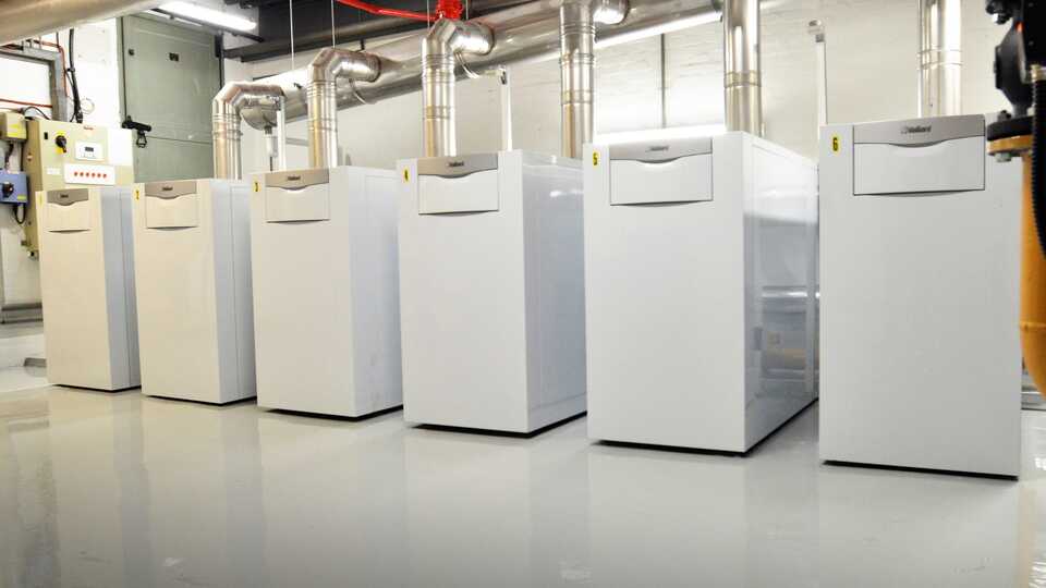 Floor-standing commercial gas boilers installed in a large plant room and connected to a stainless steel flue system.
